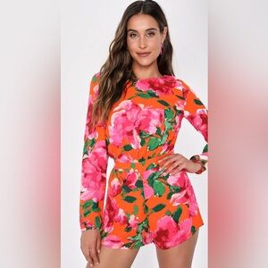 Lulus Floral Romper Orange Pink Long Sleeve Open Back Cutout Shorts S